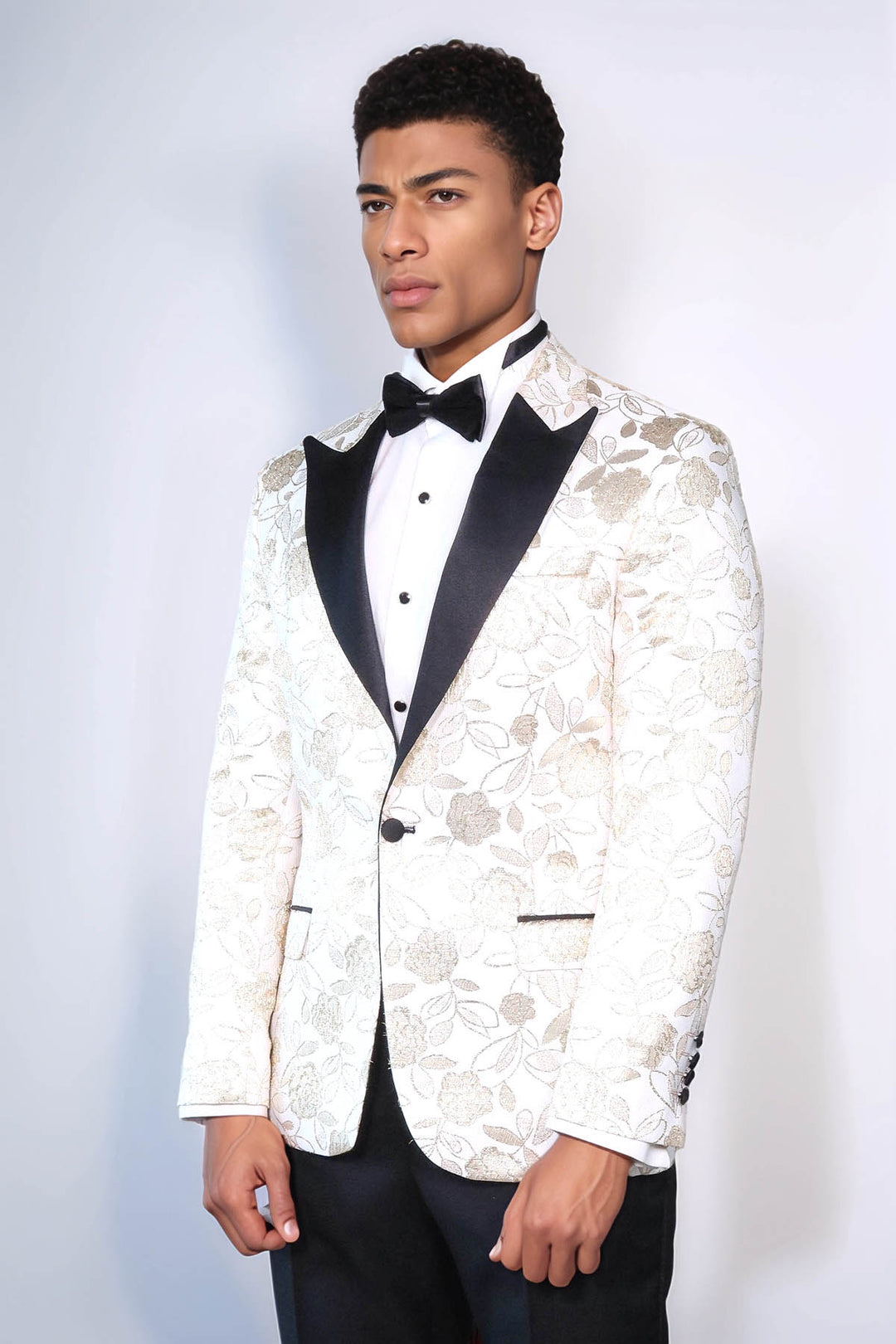 Floral Patterned White Men Tuxedo Blazer - Wessi