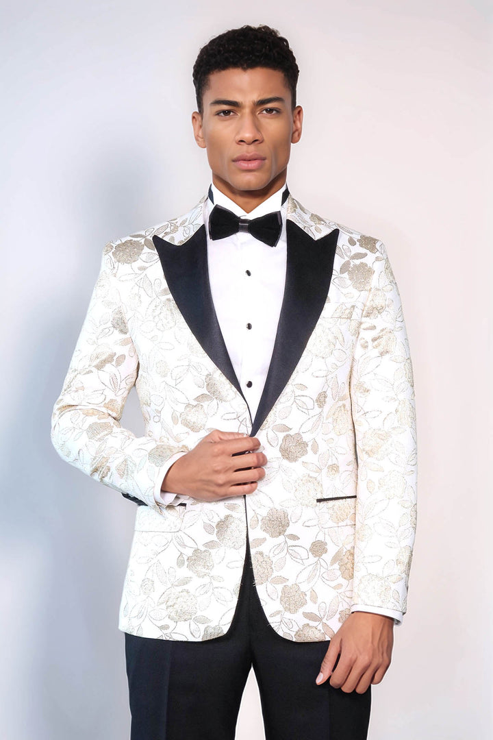 Floral Patterned White Men Tuxedo Blazer - Wessi