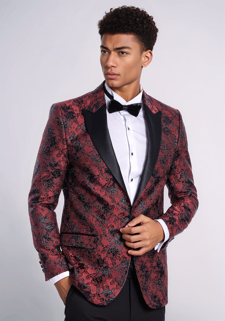 Floral Patterned Slim Fit Burgundy Men Evening  Dinner Blazer - Wessi