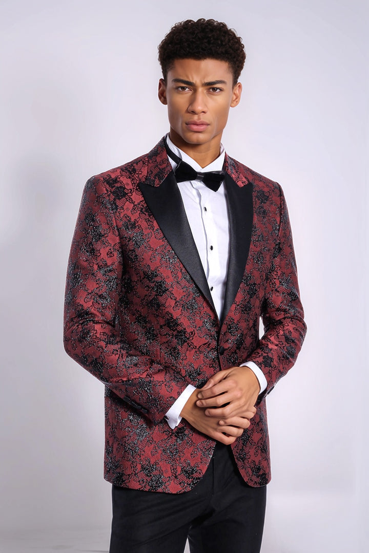 Floral Patterned Slim Fit Burgundy Men Evening  Dinner Blazer - Wessi