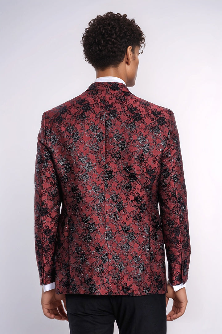 Floral Patterned Slim Fit Burgundy Men Evening  Dinner Blazer - Wessi