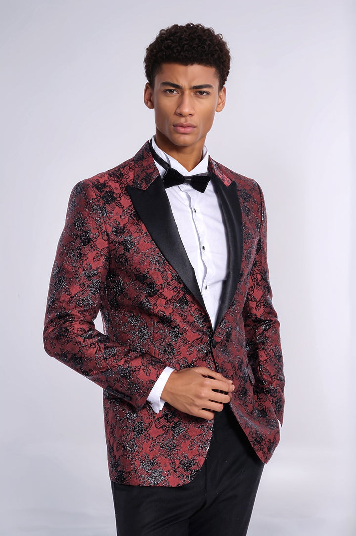 Floral Patterned Slim Fit Burgundy Men Evening  Dinner Blazer - Wessi