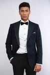 Glitter Floral Patterned Navy Blue Men Wedding Tuxedo Blazer - Wessi