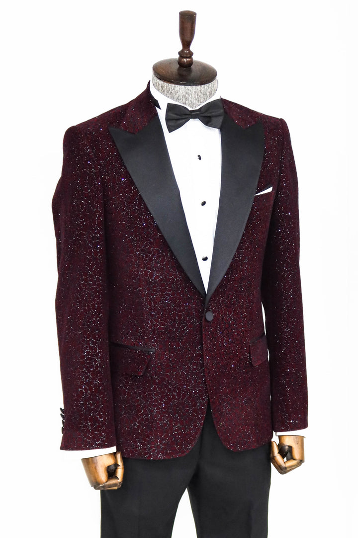 Glitter Floral Patterned Burgundy Men Prom Blazer - Wessi