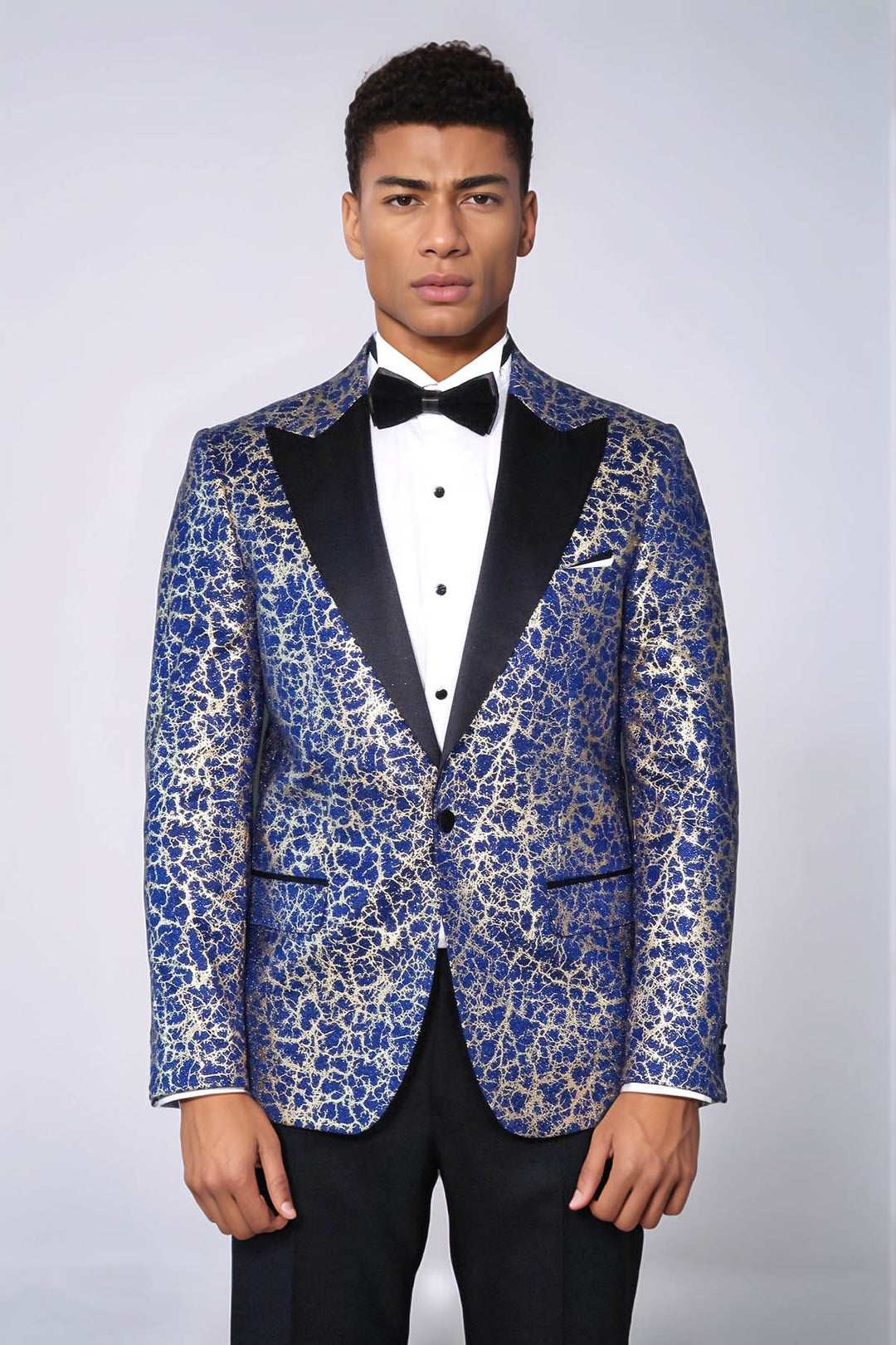 Root Pattern Peak Lapel Dark Blue Men Prom Blazer and Trousers Combination- Wessi