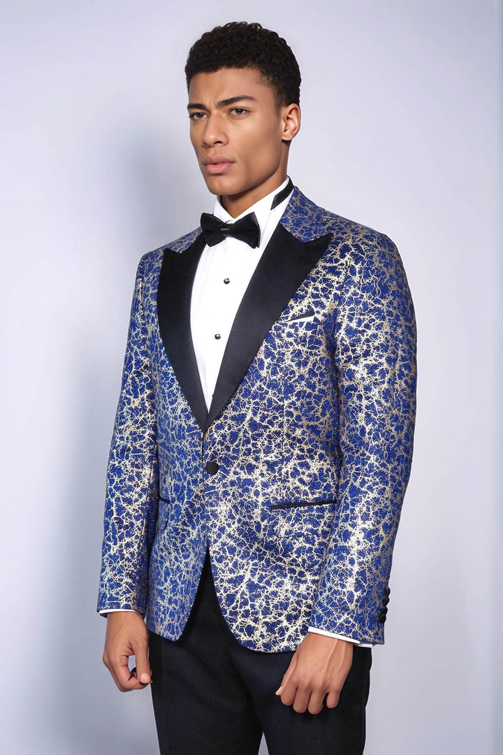 Patrón de raíces Solapa de pico Azul oscuro Combinación de blazer y pantalón de fiesta para hombre - Wessi