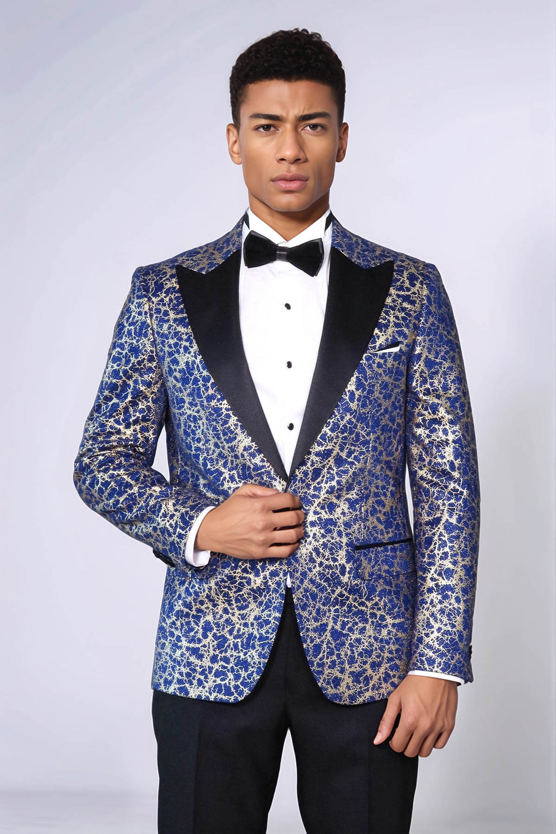 Combinazione Blazer e Pantaloni da Prom per Uomini con Risvolto a Picco Root Pattern Blu Scuro Blue - Wessi