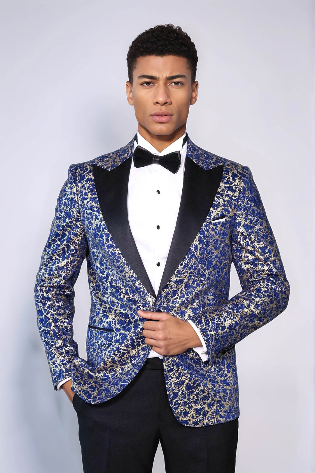 Root Pattern Peak Lapel Dark Blue Мужской Праздничный Пиджак и Брюки Комбинация - Wessi