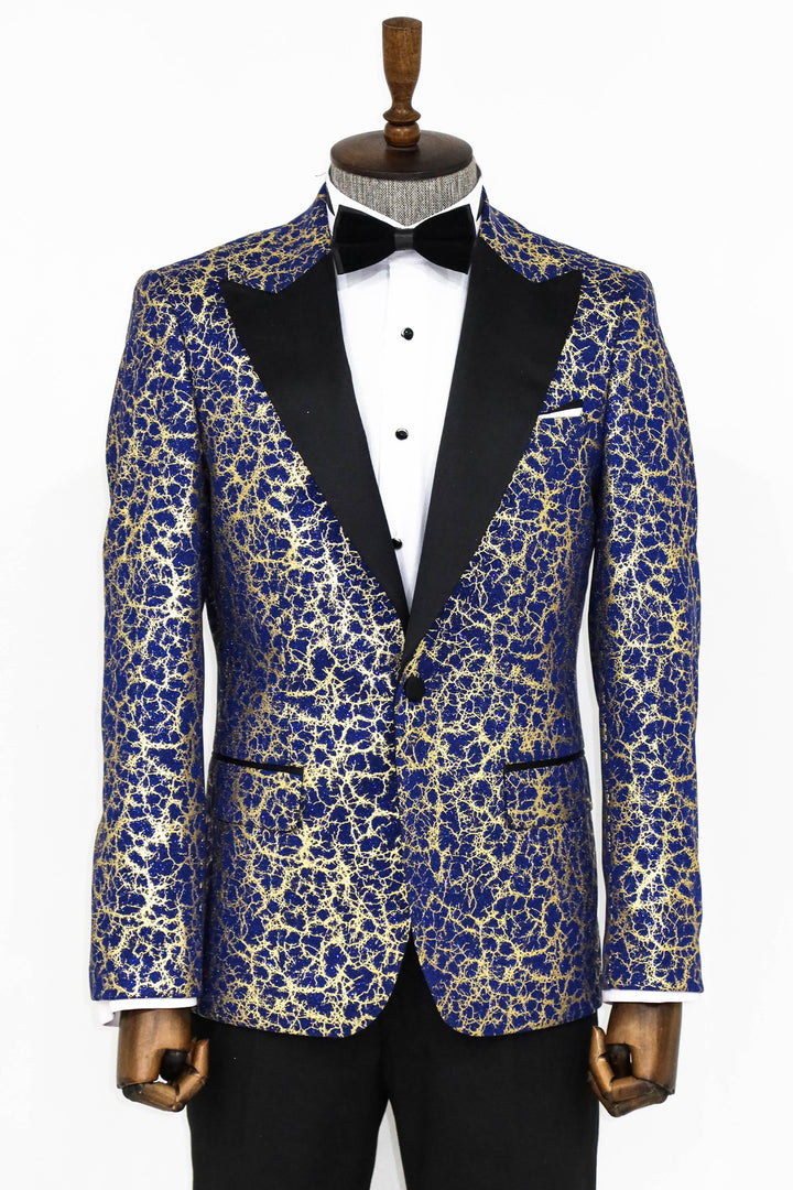 Patrón de raíces Solapa de pico Azul oscuro Combinación de blazer y pantalón de fiesta para hombre - Wessi