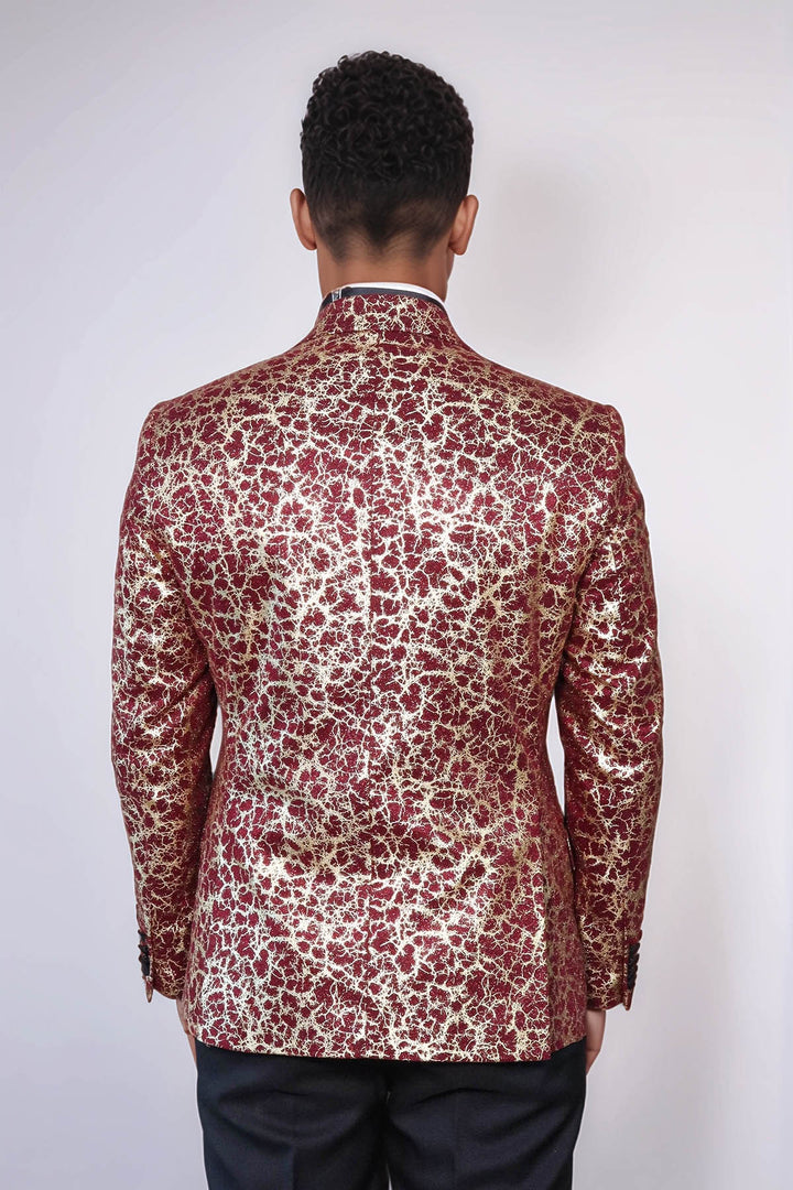 Combinación de blazer y pantalón de fiesta con estampado de raíces y solapa de pico en color burdeos para hombre - Wessi