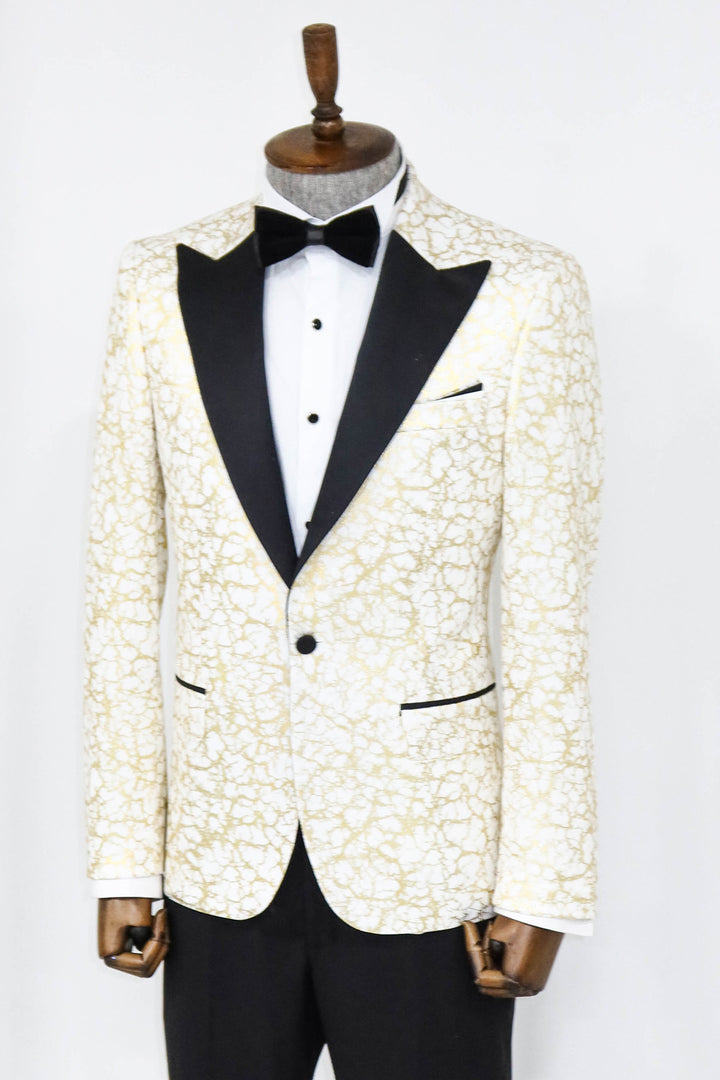 Combinación de blazer y pantalón de fiesta para hombre, color blanco, con solapa de pico y estampado de raíces - Wessi