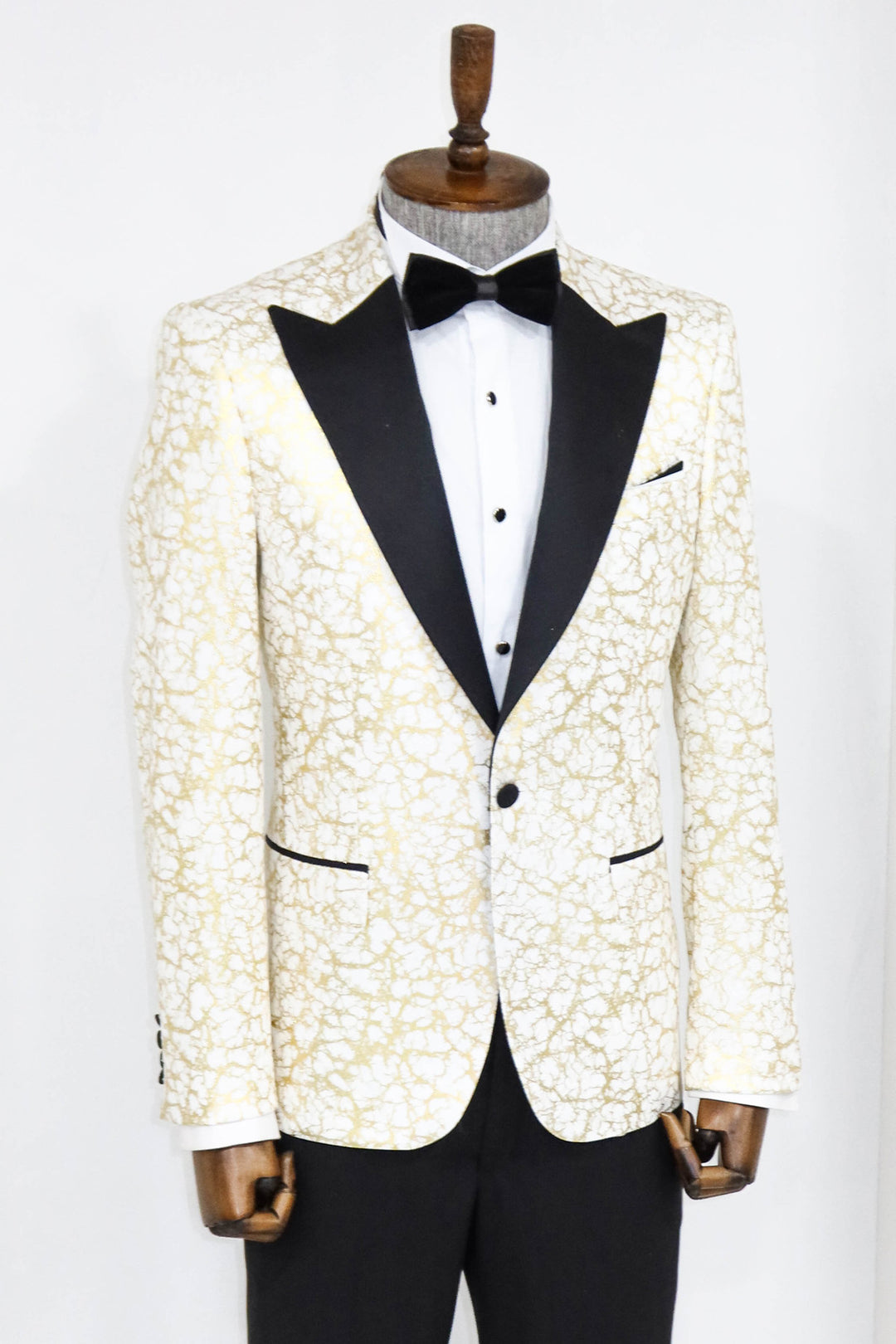 Combinación de blazer y pantalón de fiesta para hombre, color blanco, con solapa de pico y estampado de raíces - Wessi