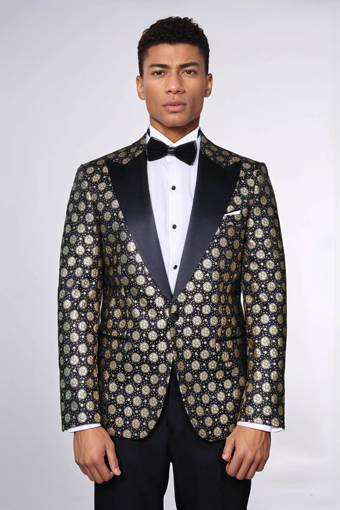 Floral Patterned Peak Lapel  Black with Gold Embellished Dinner Jacket - Wessi