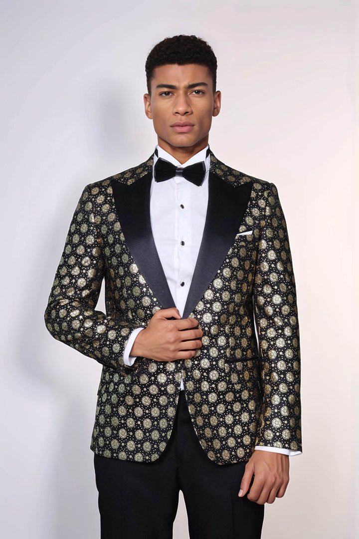 Floral Patterned Peak Lapel  Black with Gold Embellished Dinner Jacket - Wessi