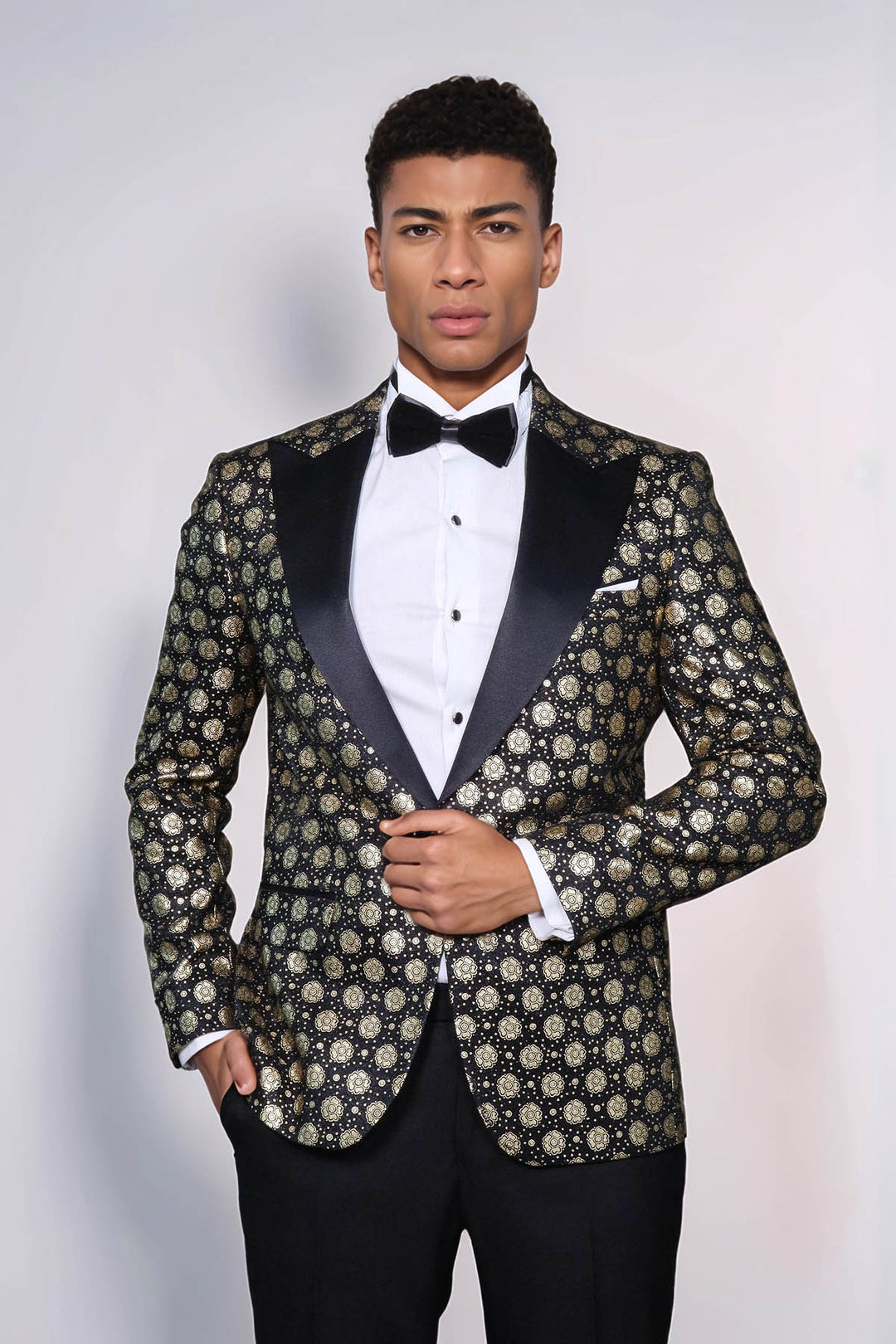 Floral Patterned Peak Lapel  Black with Gold Embellished Dinner Jacket - Wessi