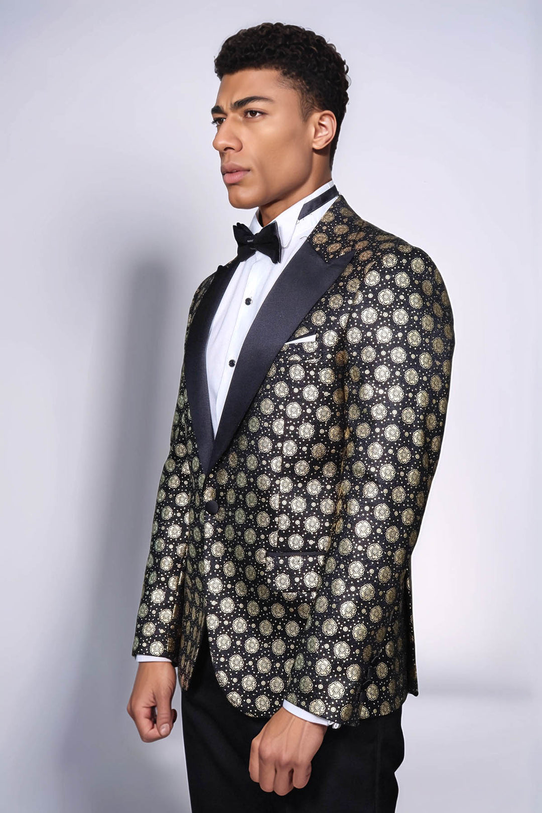 Floral Patterned Peak Lapel  Black with Gold Embellished Dinner Jacket - Wessi