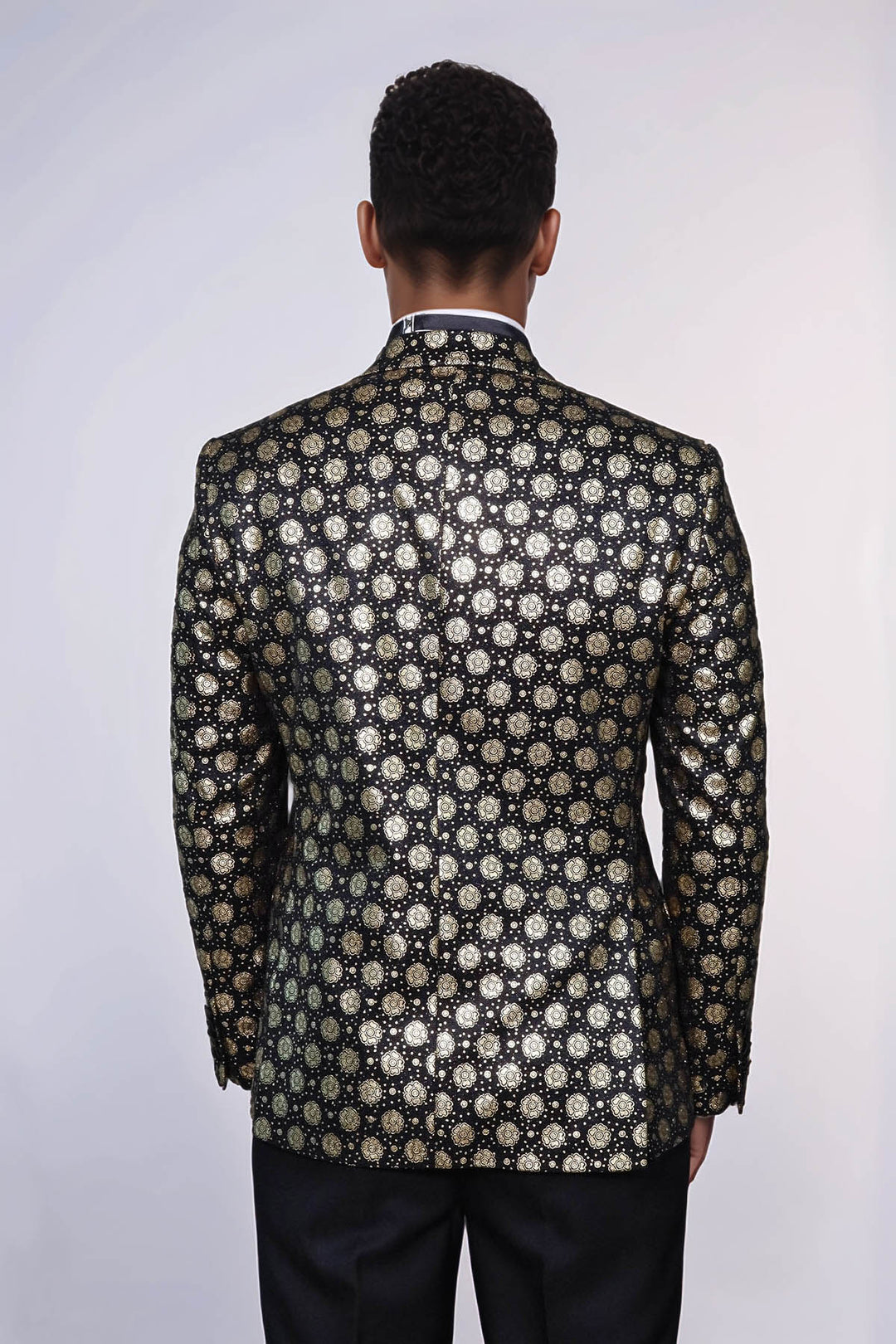 Floral Patterned Peak Lapel  Black with Gold Embellished Dinner Jacket - Wessi