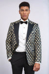 Floral Patterned Peak Lapel  Navy Blue with Gold Embellished Dinner Jacket - Wessi