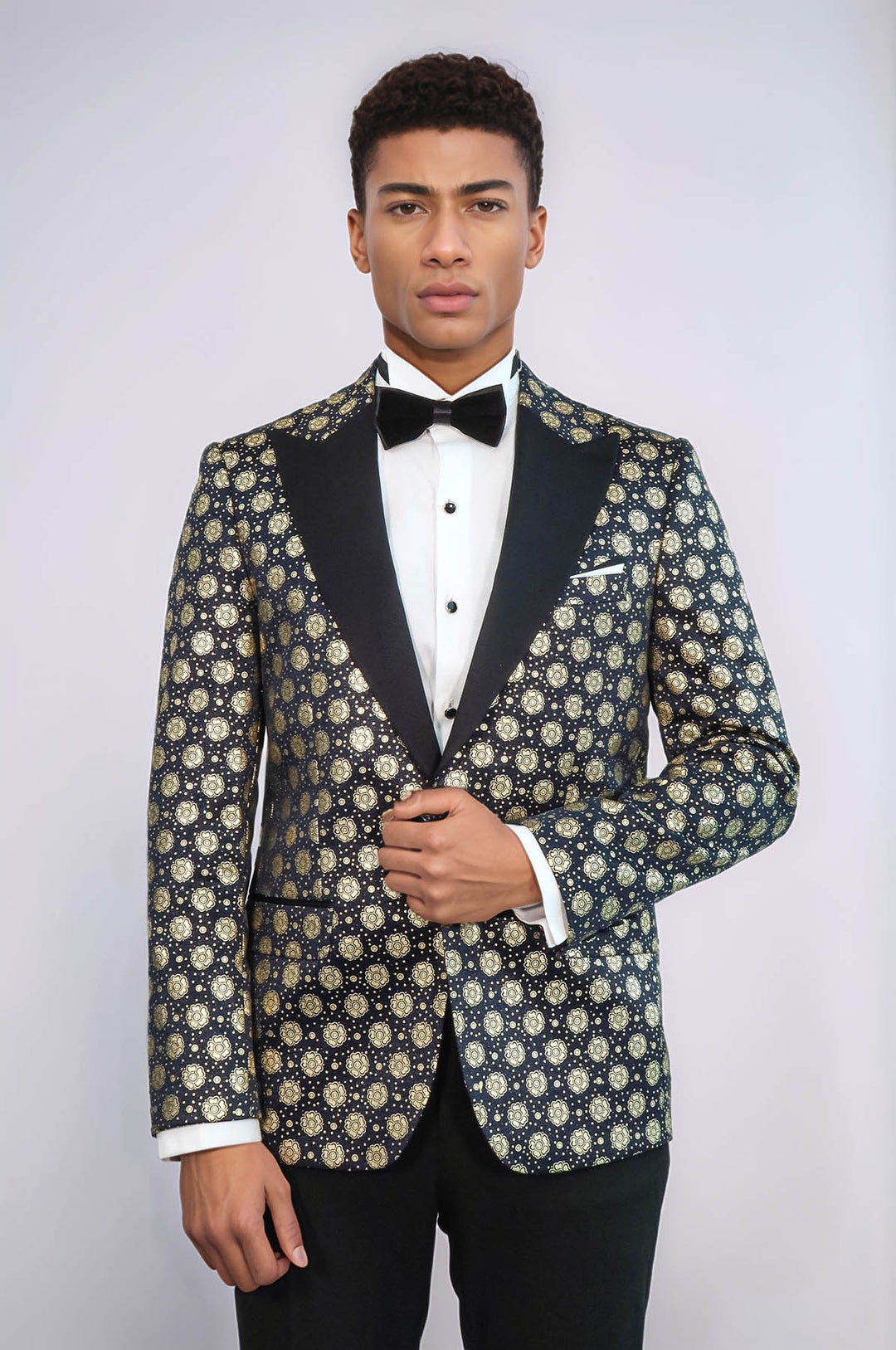 Blazer de graduación para hombre azul marino con solapa de pico y estampado floral - Wessi