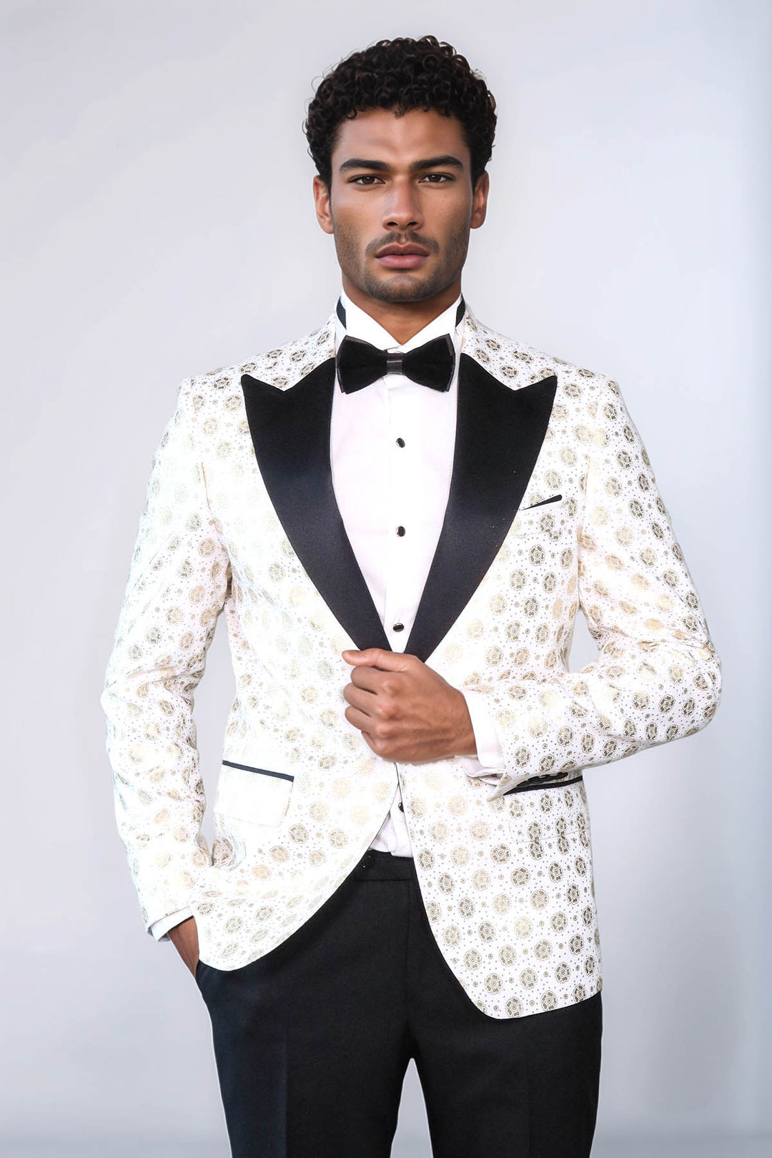 Blazer de graduación para hombre blanco con solapa de pico y estampado floral - Wessi