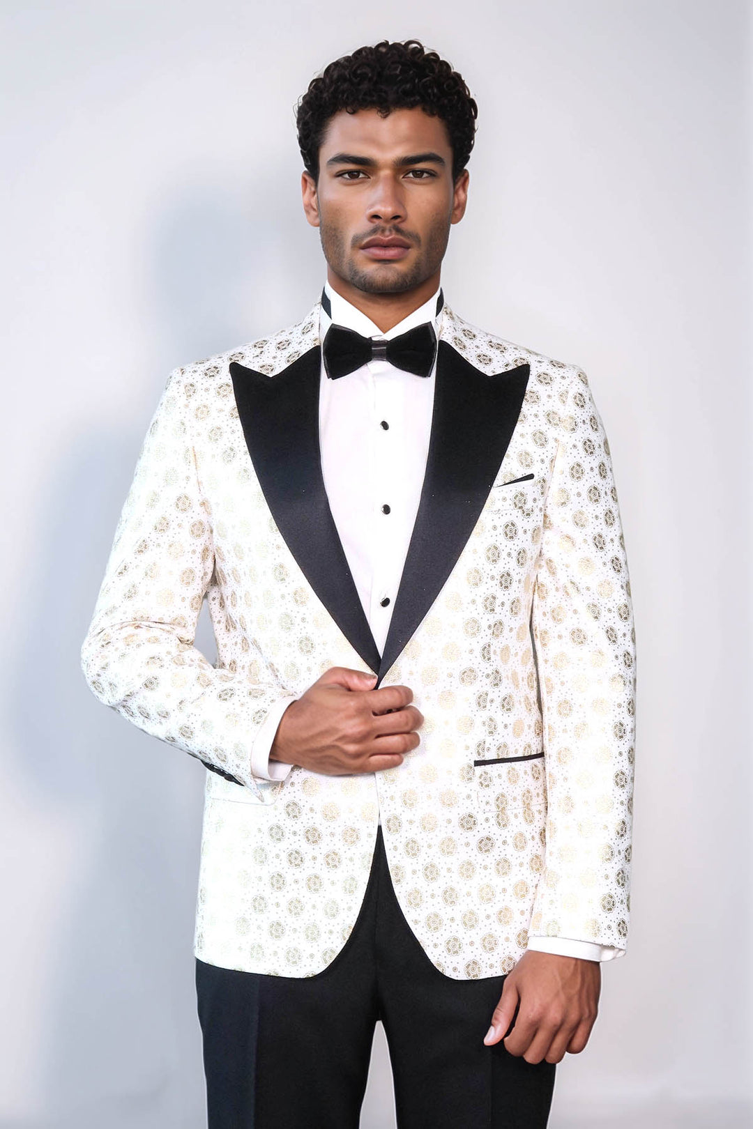 Blazer de graduación para hombre blanco con solapa de pico y estampado floral - Wessi