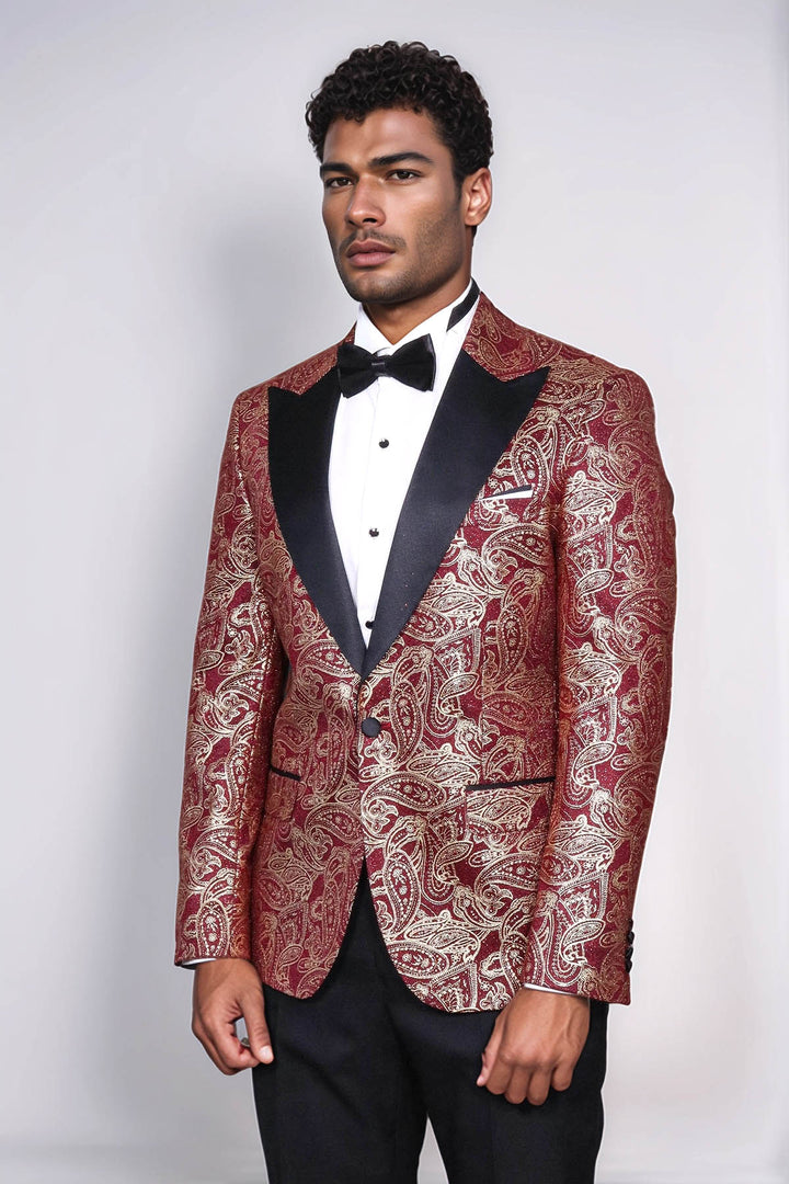 Blazer de bal pour hommes bordeaux à revers Paisley Peak - Wessi