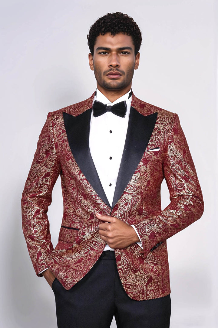 Blazer de bal pour hommes bordeaux à revers Paisley Peak - Wessi