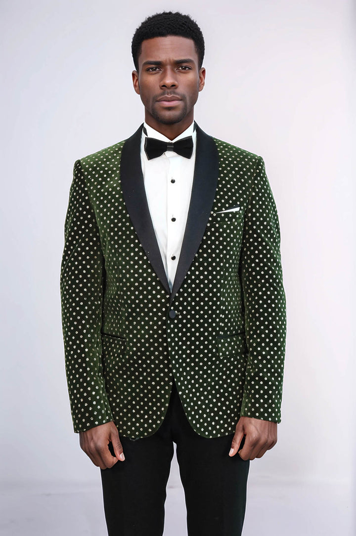 Dot Pattern Slim Fit Dark Green Men Wedding Groom Blazer - Wessi