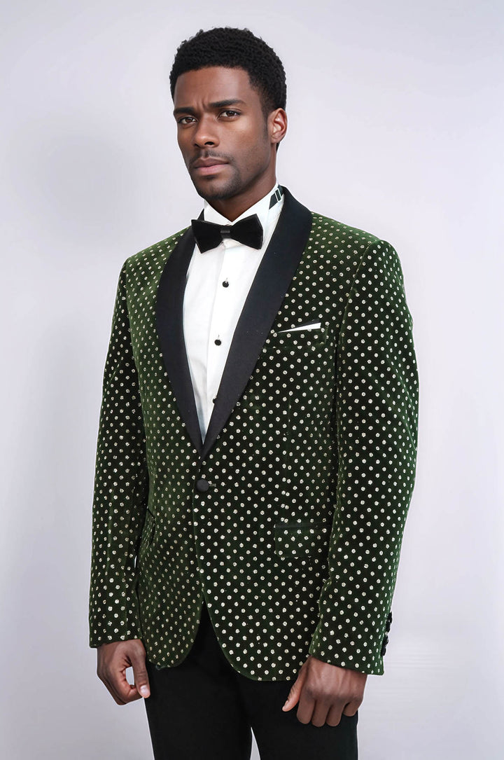 Dot Pattern Slim Fit Dark Green Men Wedding Groom Blazer - Wessi