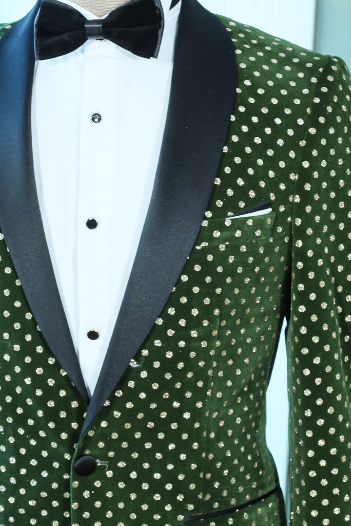 Emerald Green Velvet Polka Dot Peak Lapel Tuxedo Jacket with Black Pants - Luxe Party Style