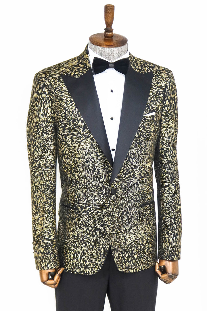 Feather Patterned Slim Fit Black Men Prom Blazer and Trousers Combination - Wessi