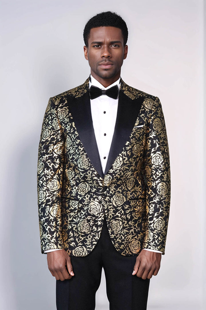 Blazer de bal noir coupe slim à motifs rose doré pour hommes - Wessi