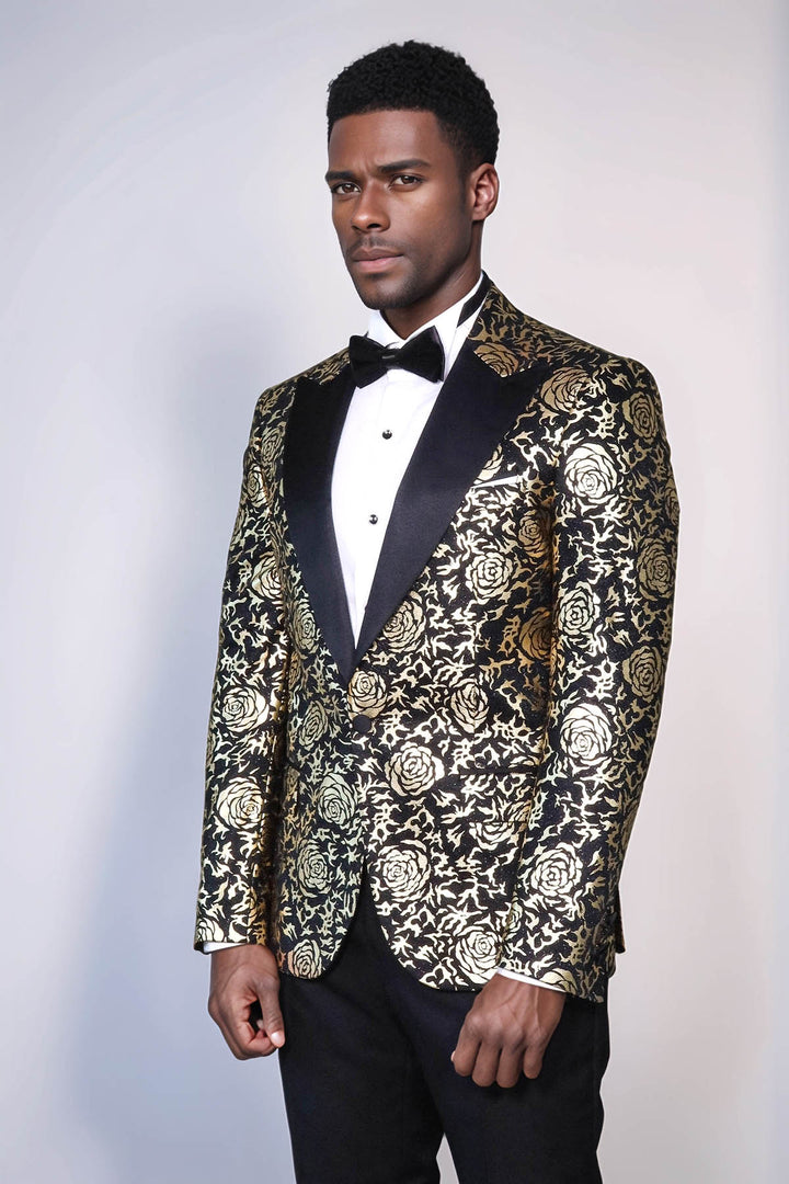 Blazer de bal noir coupe slim à motifs rose doré pour hommes - Wessi