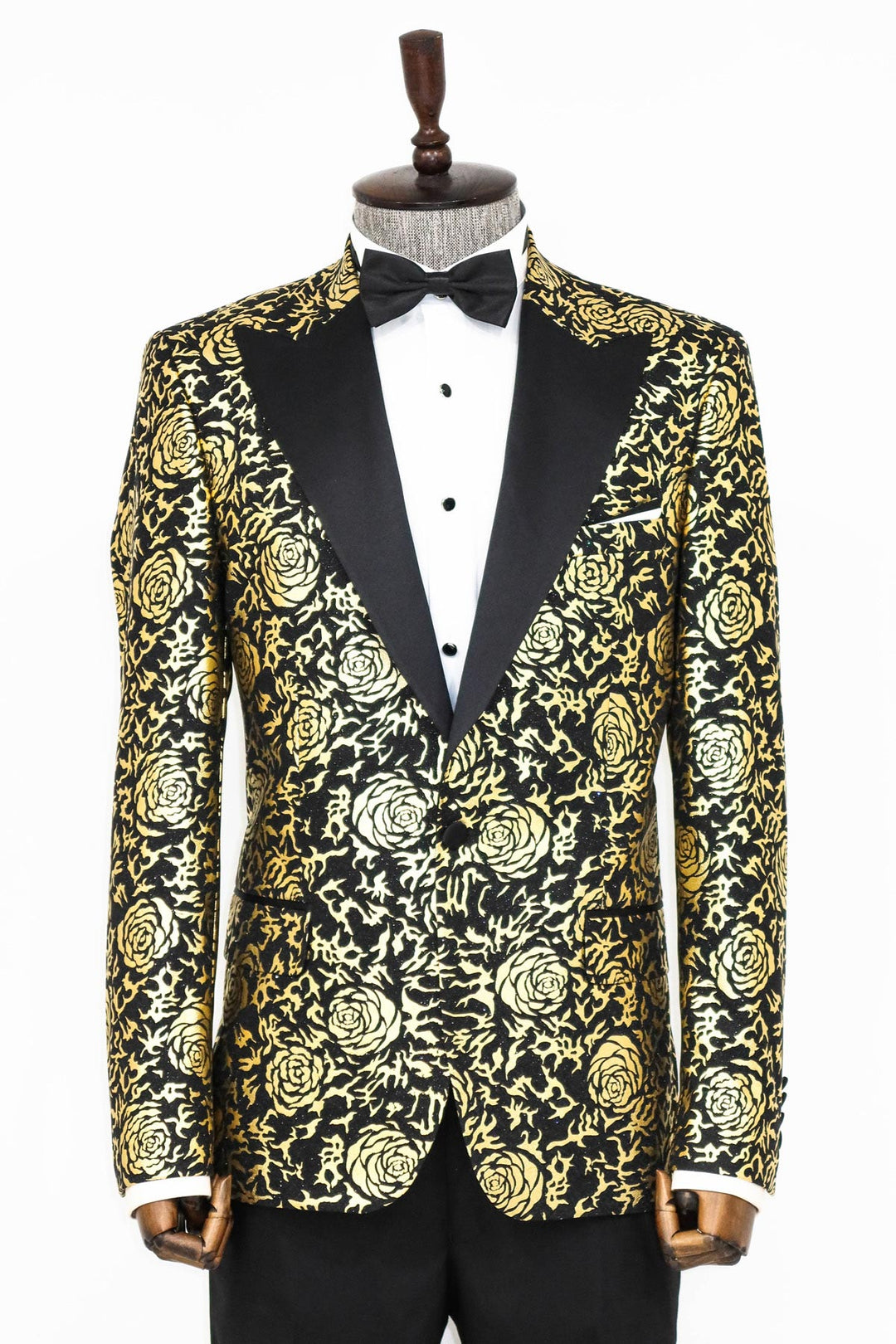 Blazer de bal noir coupe slim à motifs rose doré pour hommes - Wessi