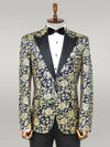 Gold Rose Patterned Slim Fit Navy Blue Men Prom Blazer - Wessi