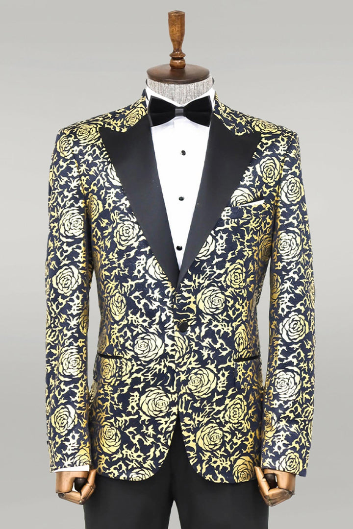 Blazer de bal bleu marine coupe slim à motifs Gold Rose pour hommes - Wessi