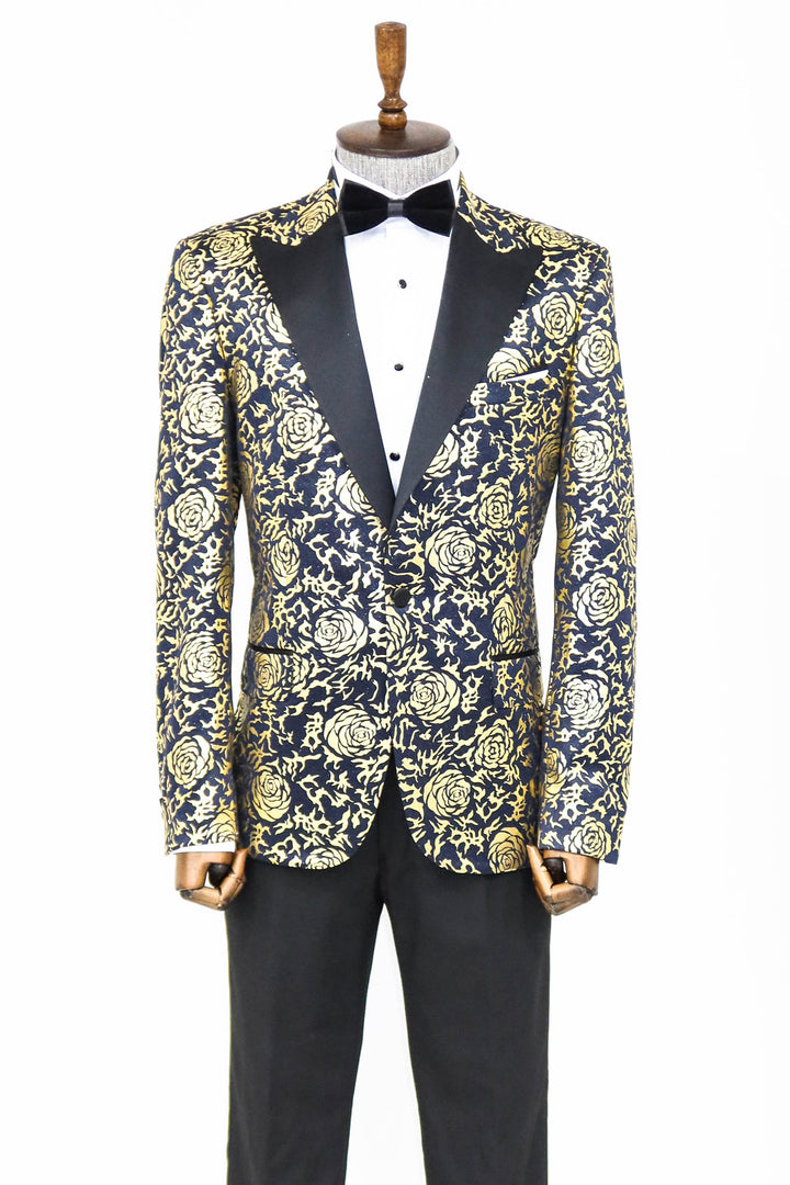 Gold Rose Patterned Slim Fit Navy Blue Men Prom Blazer and Trousers Combination- Wessi