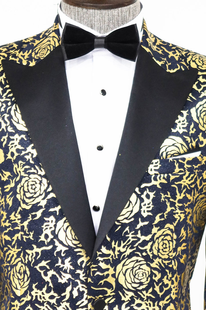 Gold Rose Patterned Slim Fit Navy Blue Men Prom Blazer and Trousers Combination- Wessi