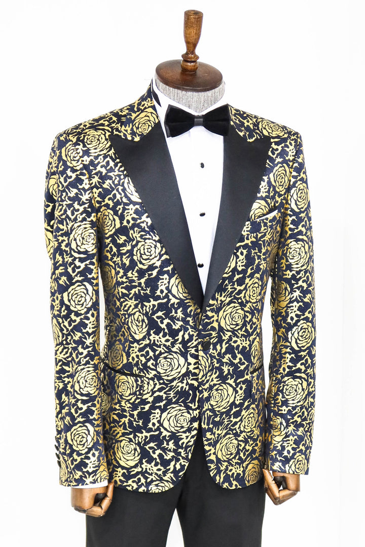 Gold Rose Patterned Slim Fit Navy Blue Men Prom Blazer and Trousers Combination- Wessi