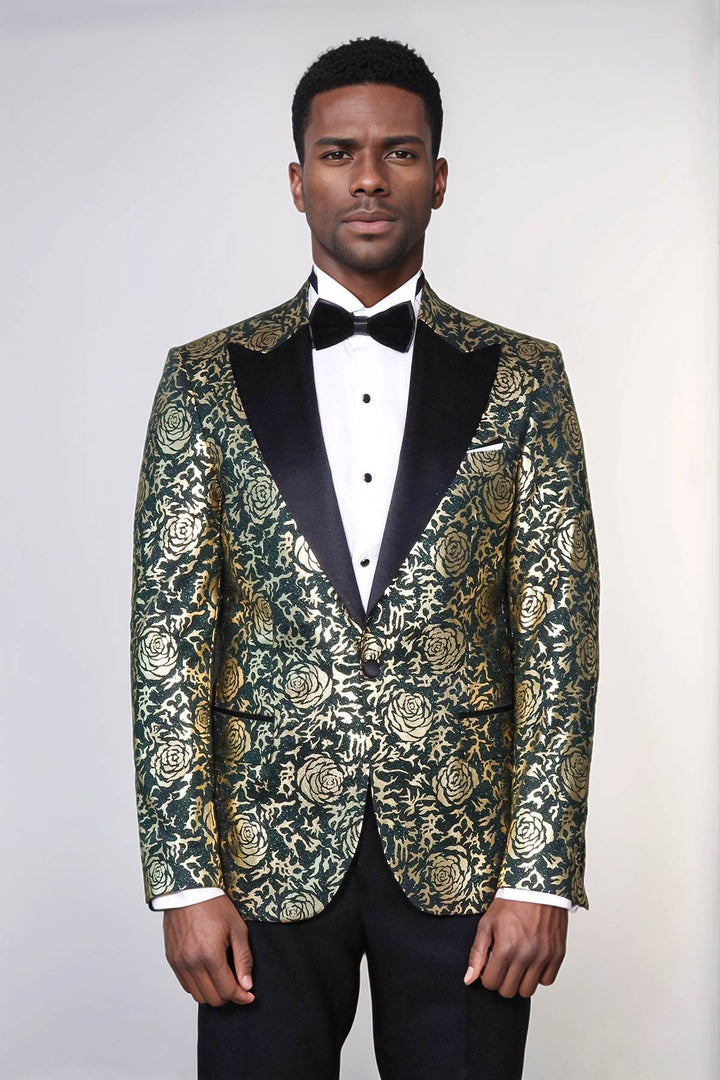 Blazer de graduación para hombre verde de corte slim con estampado de rosas doradas - Wessi