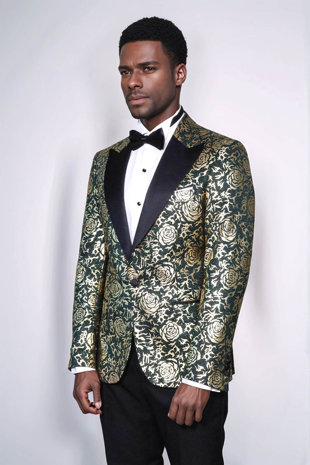 Blazer de graduación para hombre verde de corte slim con estampado de rosas doradas - Wessi