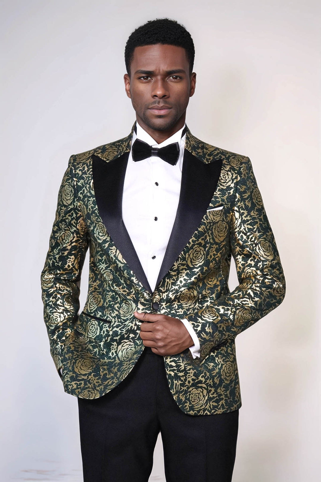 Blazer de graduación para hombre verde de corte slim con estampado de rosas doradas - Wessi