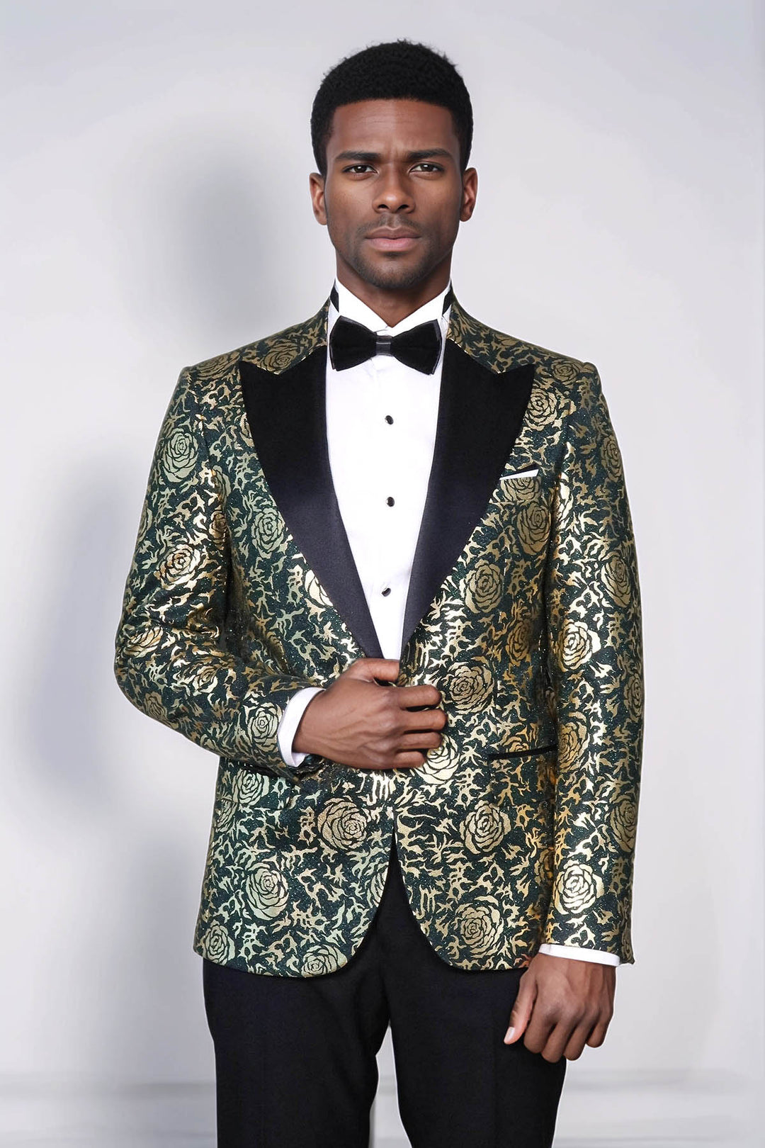 Blazer de graduación para hombre verde de corte slim con estampado de rosas doradas - Wessi