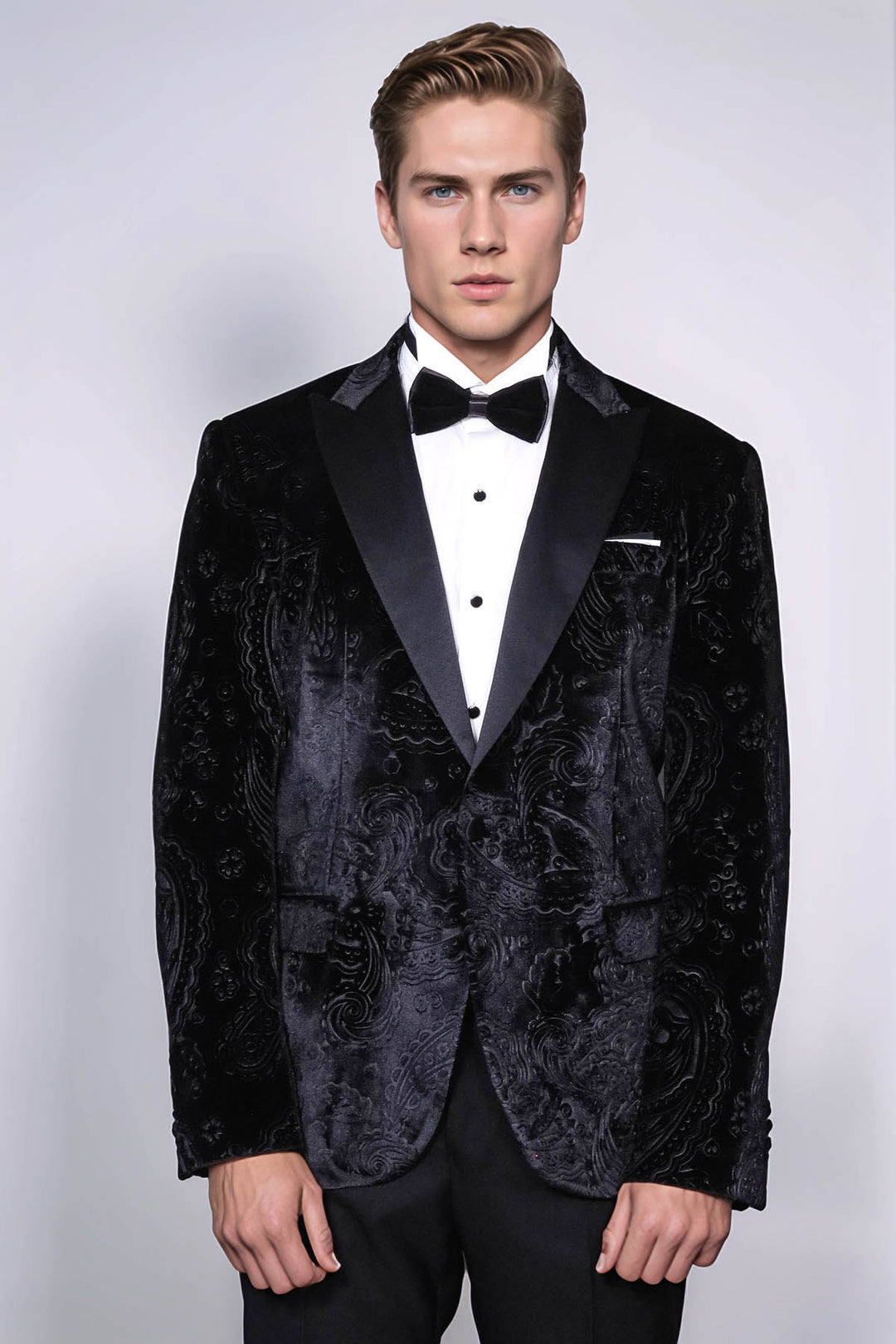 Floral Patterned Velvet Black Men Wedding Tuxedo Blazer - Wessi