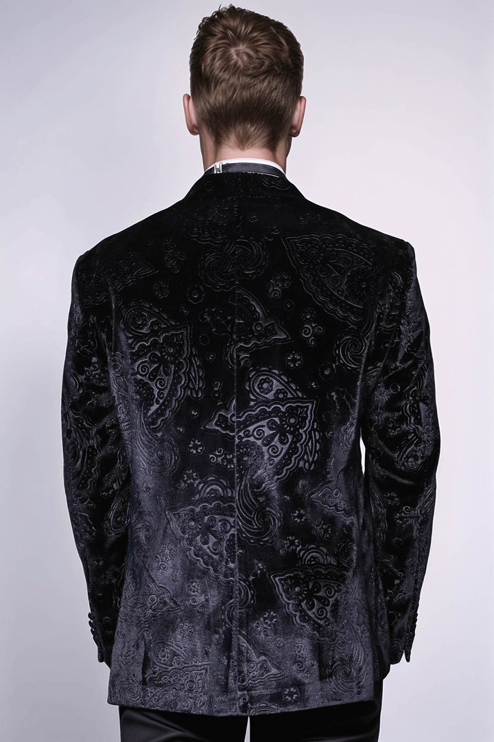 Floral Patterned Velvet Black Men Wedding Tuxedo Blazer - Wessi