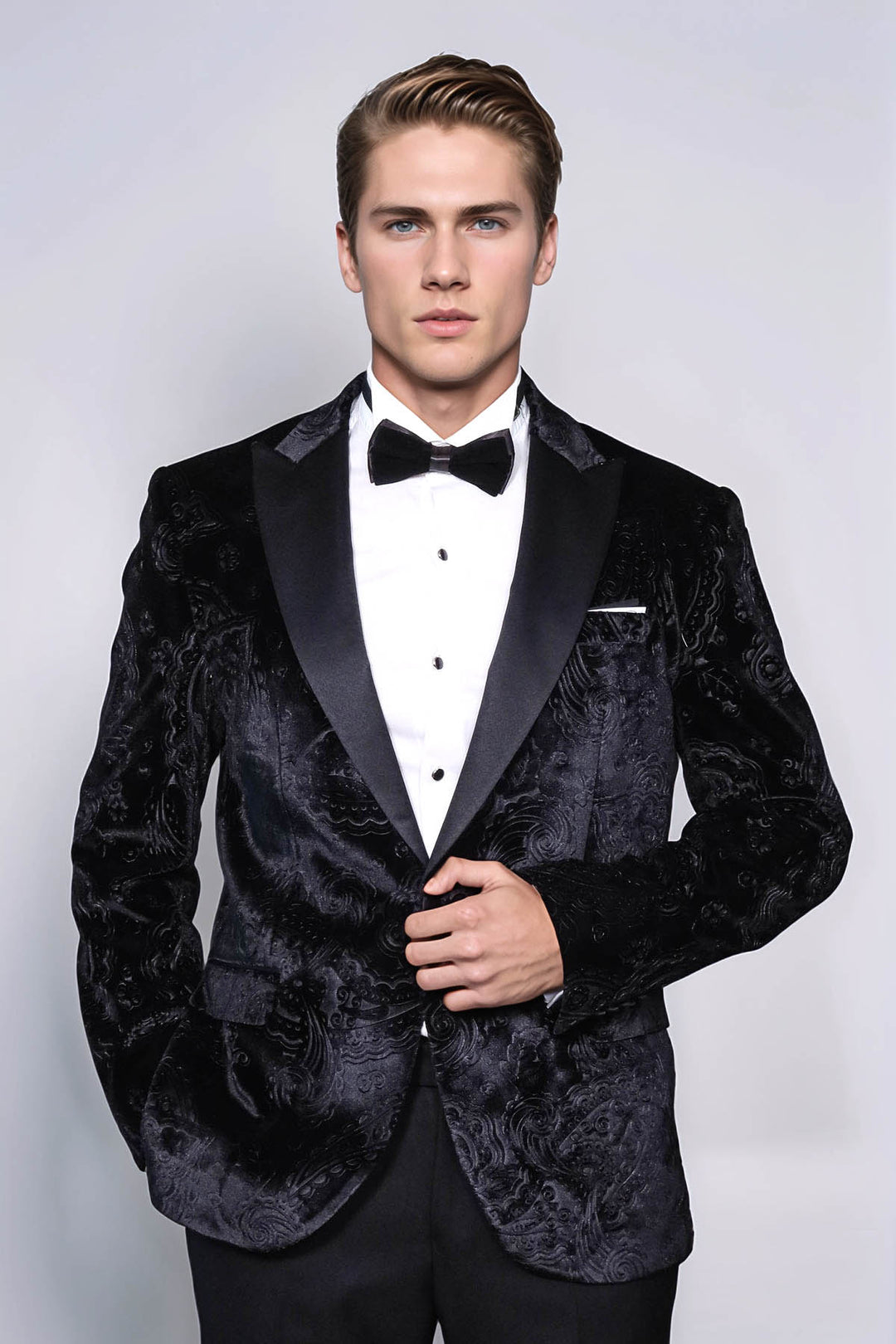 Floral Patterned Velvet Black Men Wedding Tuxedo Blazer - Wessi