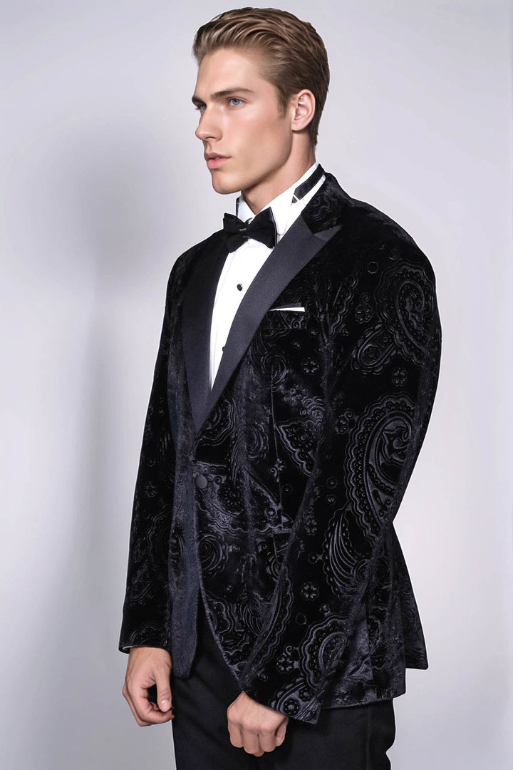 Floral Patterned Velvet Black Men Wedding Tuxedo Blazer - Wessi