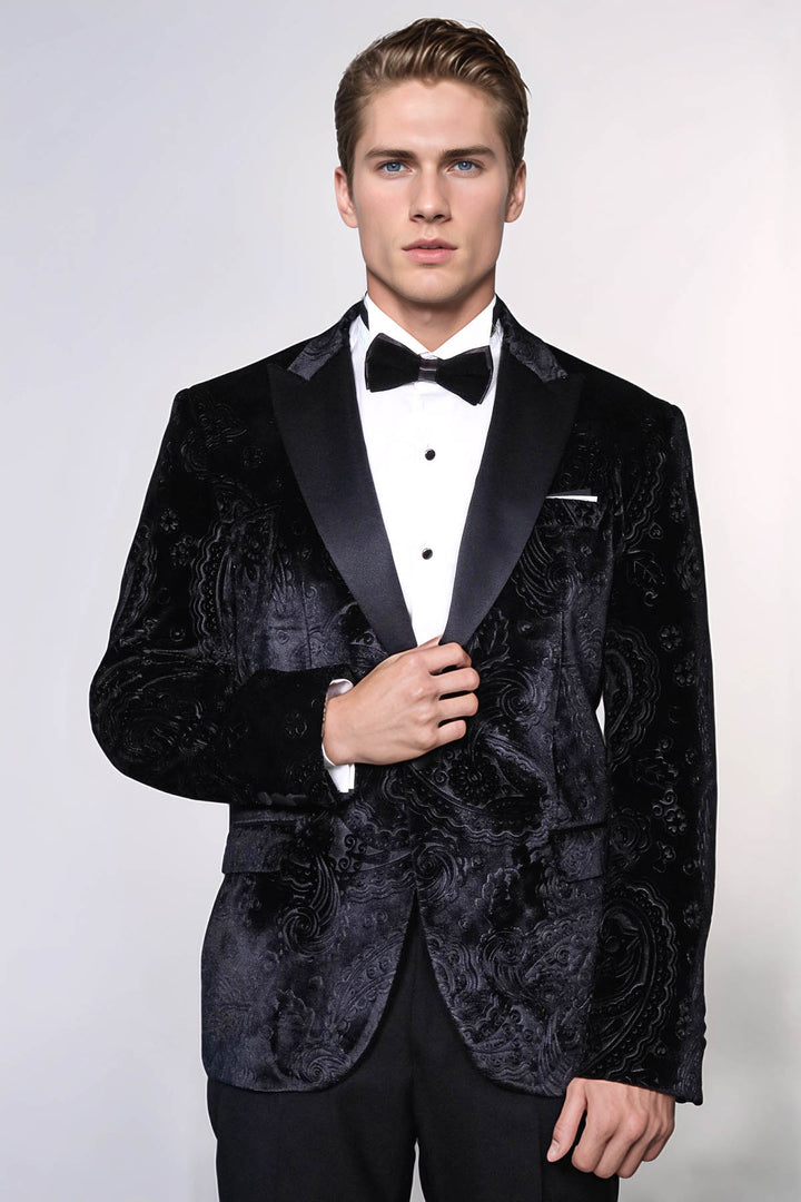 Floral Patterned Velvet Black Men Wedding Tuxedo Blazer - Wessi