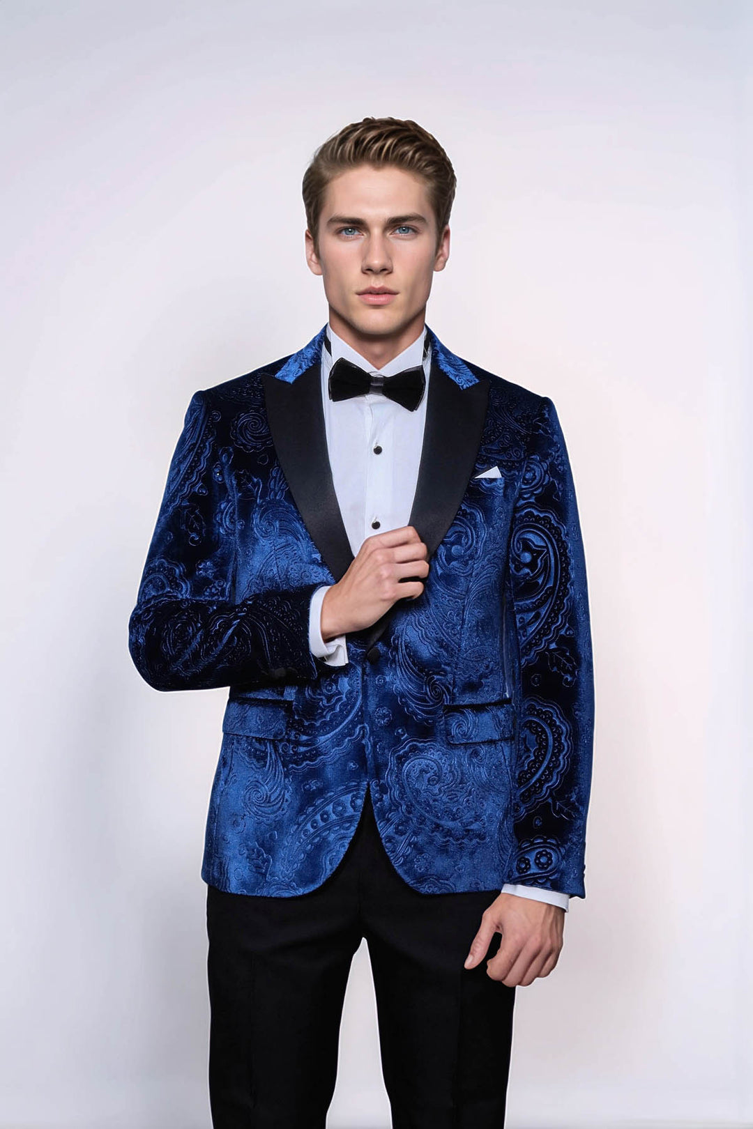 Blazer de fiesta de hombre azul marino de terciopelo con estampado floral - Wessi