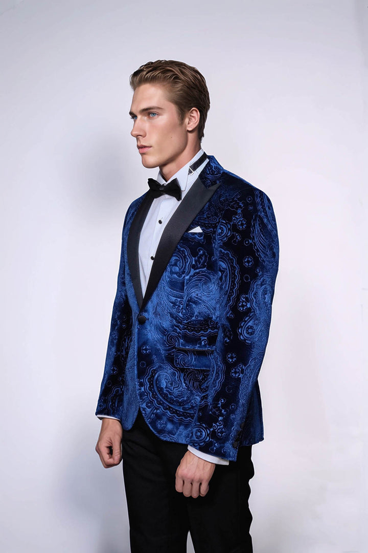 Blazer de fiesta de hombre azul marino de terciopelo con estampado floral - Wessi